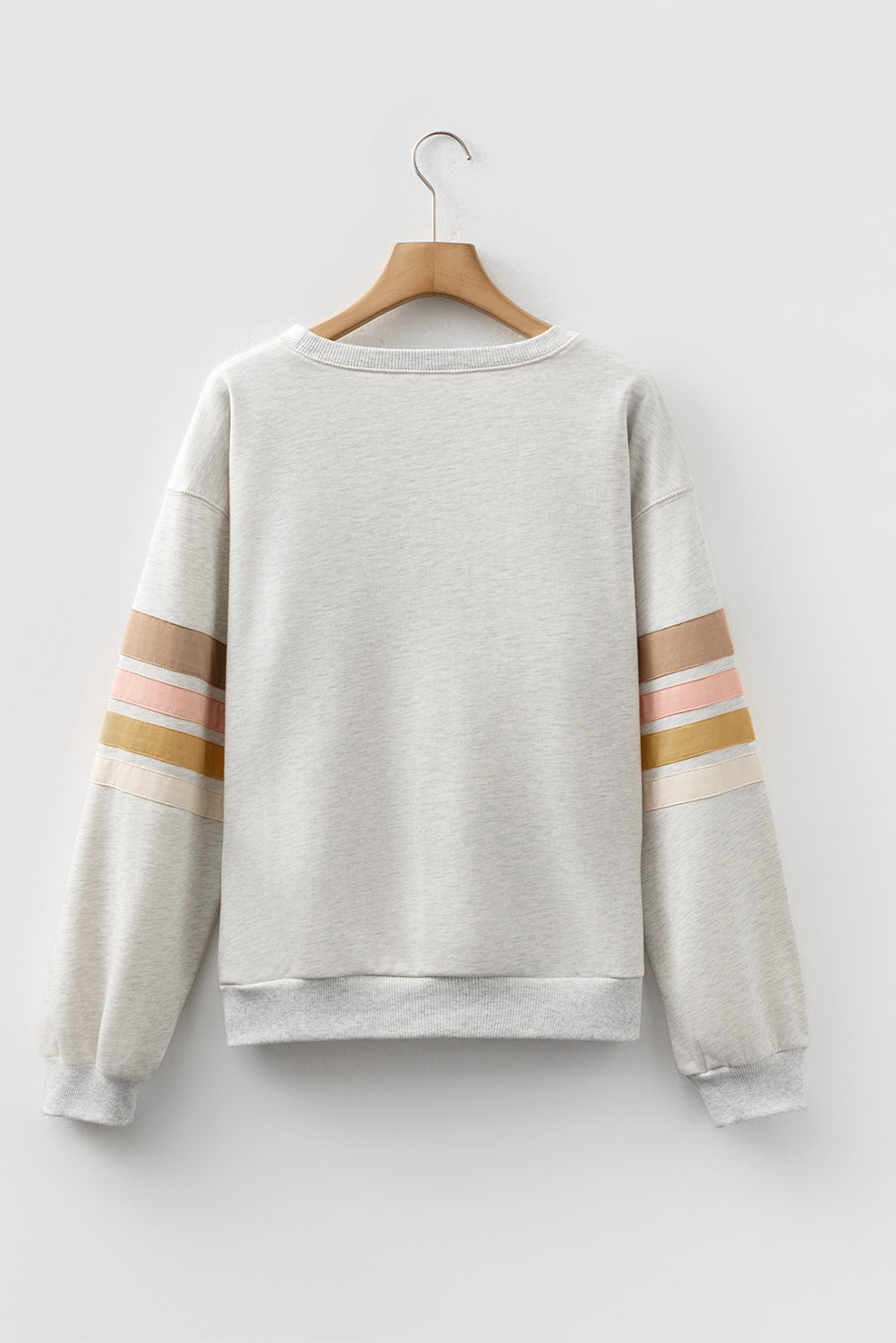 Women's Oatmeal Crew Neck Sweatshirt with Multi-Color Sleeve Stripes - Image 2