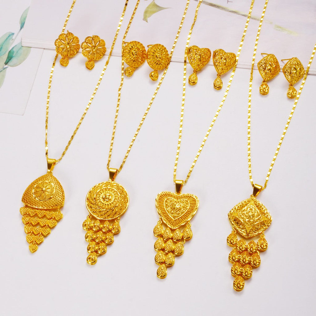 Huixing Copper Gold-Plated Dubai Cut Out Necklace Earrings Set Indian Bridal Necklace Jewelry Jewelry Set