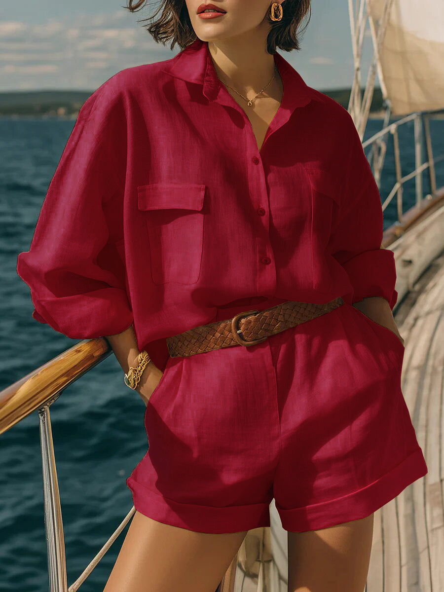 Women's Loose Fit Button Down Shirt and Shorts Casual Set - Image 8