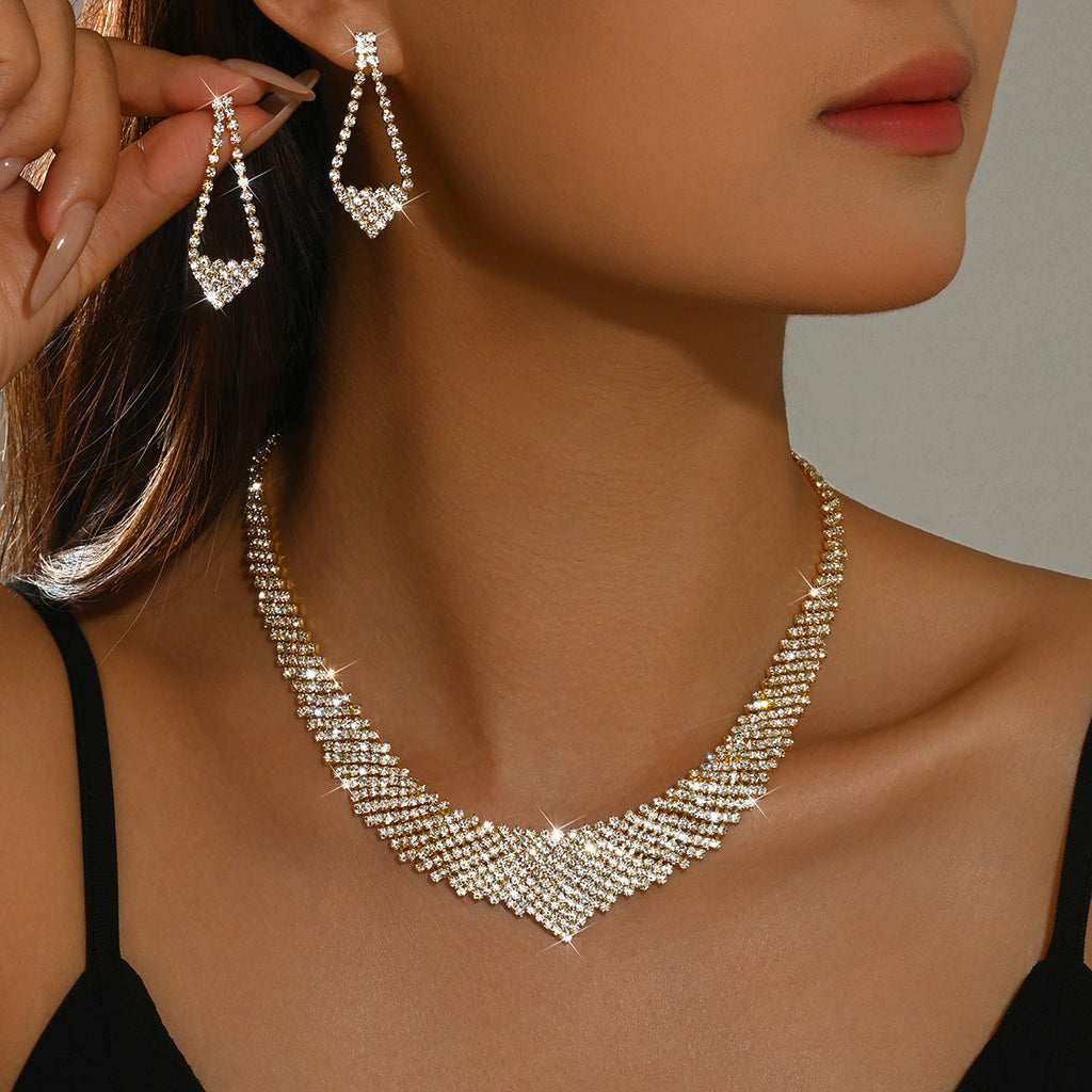 Womens Glamorous Bridal 2 Pcs Rhinestone Set,Gold Tone V Shape Necklace And Hollow Diamond Shape Dangle Earrings For Wedding Party Wear