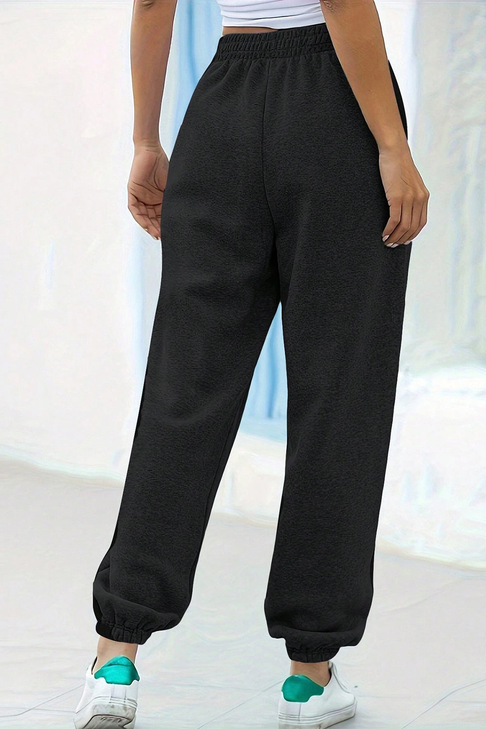Women's Black Elastic Waist Jogger Pants with Side Pockets - Image 2
