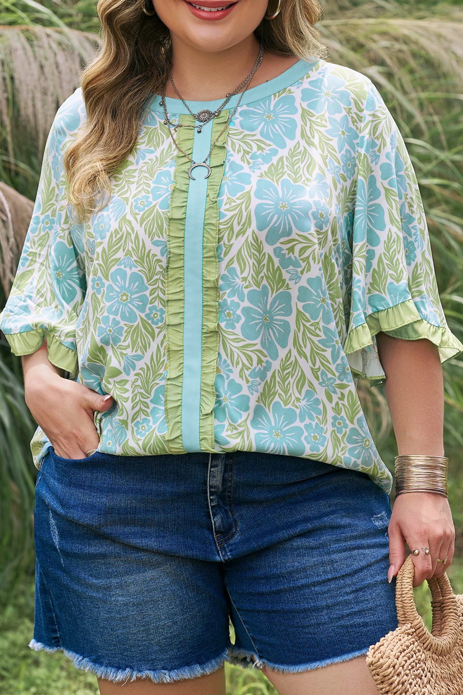 Elina Floral Short Sleeve Blouse with Ruffled Trim and Color Block