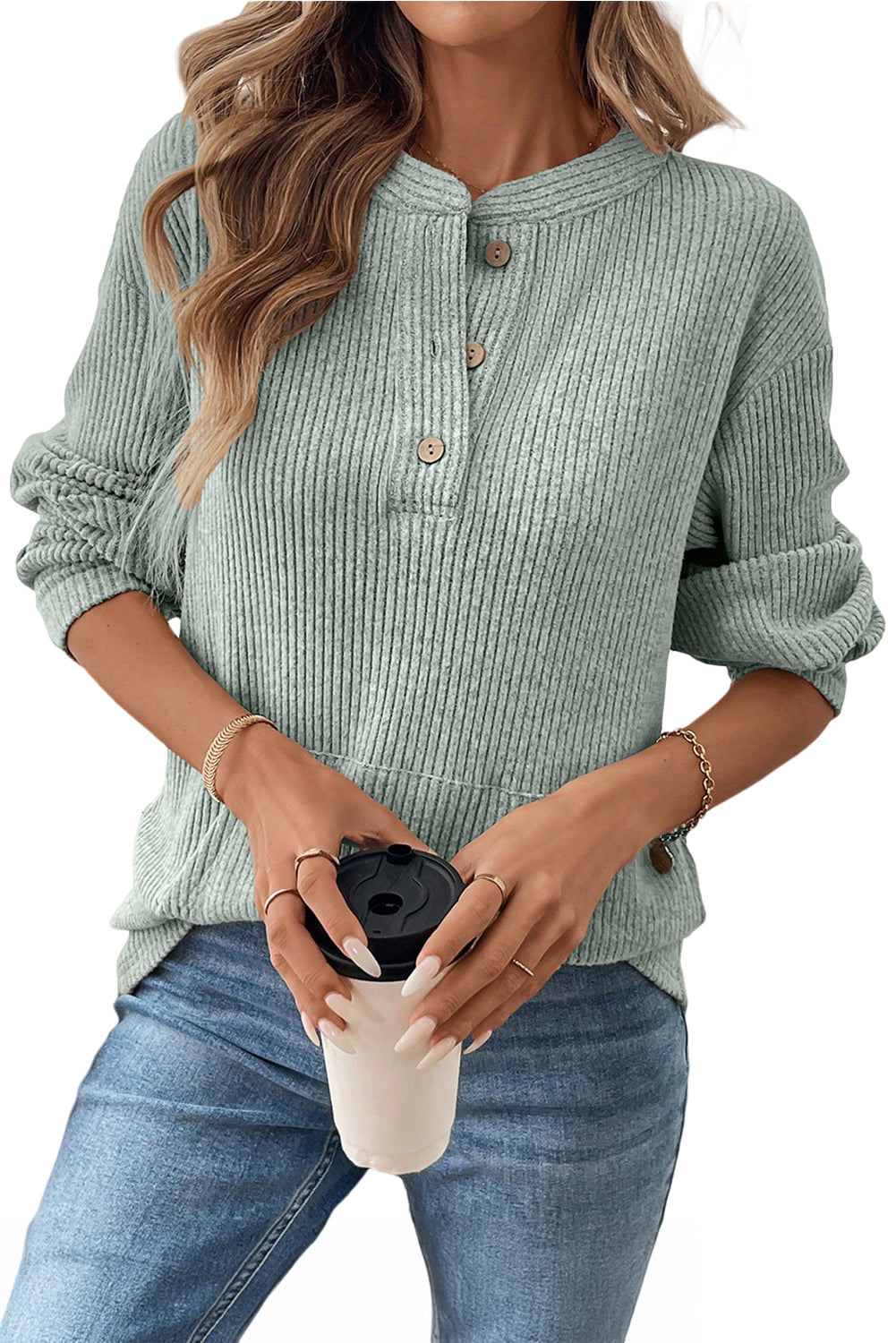 Clearly Aqua Ribbed Texture Drop Shoulder Henley Knit Top