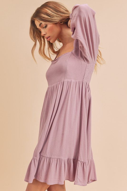 Ruffled Hem Square Neck Balloon Sleeve Mini Dress