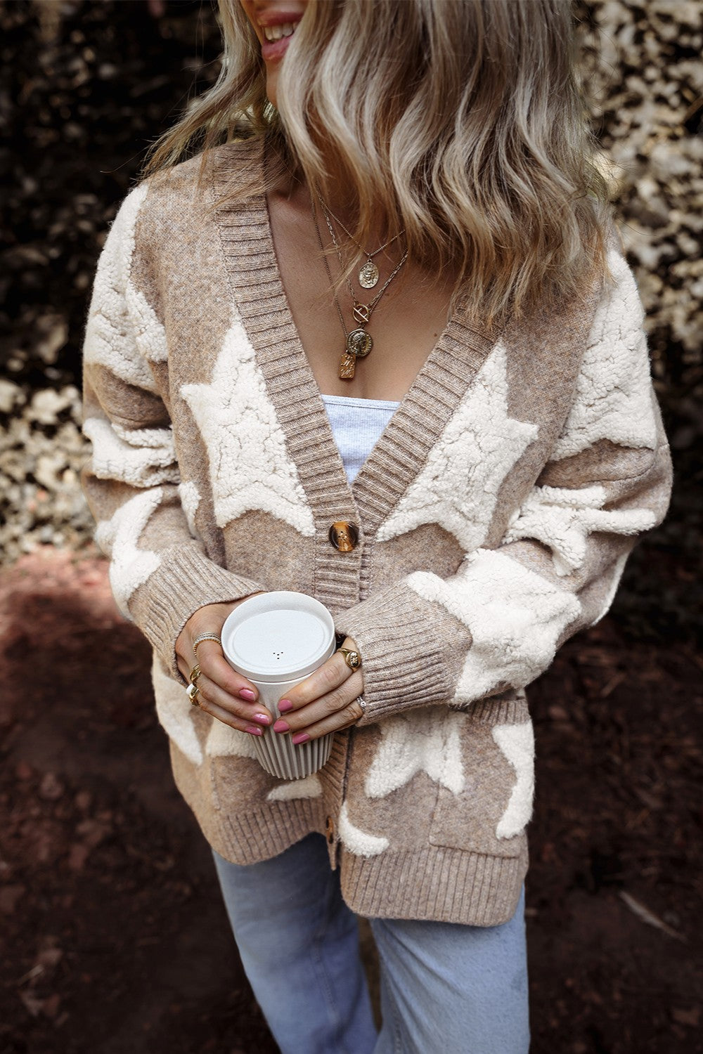 Women's Star Pattern Button-Up Cardigan in Taupe and Cream - Image 2