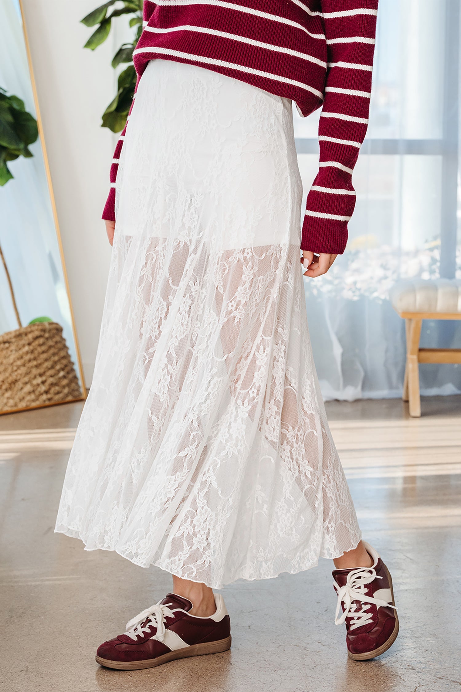Women's Floral Lace Sheer Flowy Maxi Skirt in White
