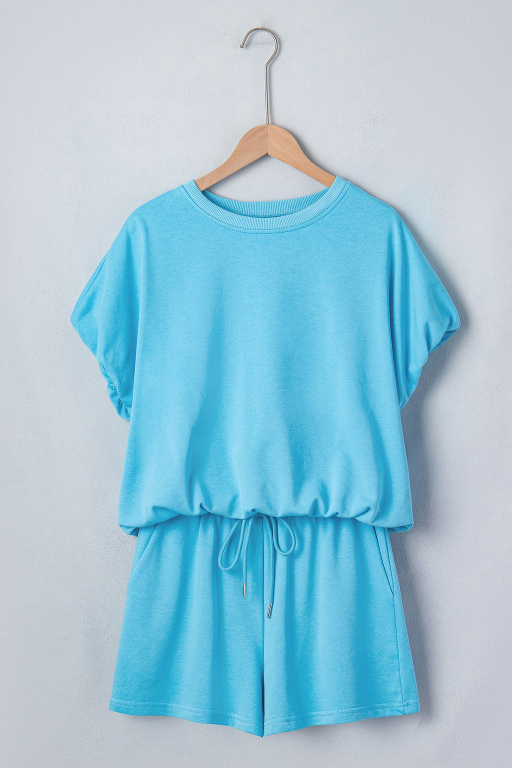 Solid Puff Sleeve Top & Drawstring Shorts Set