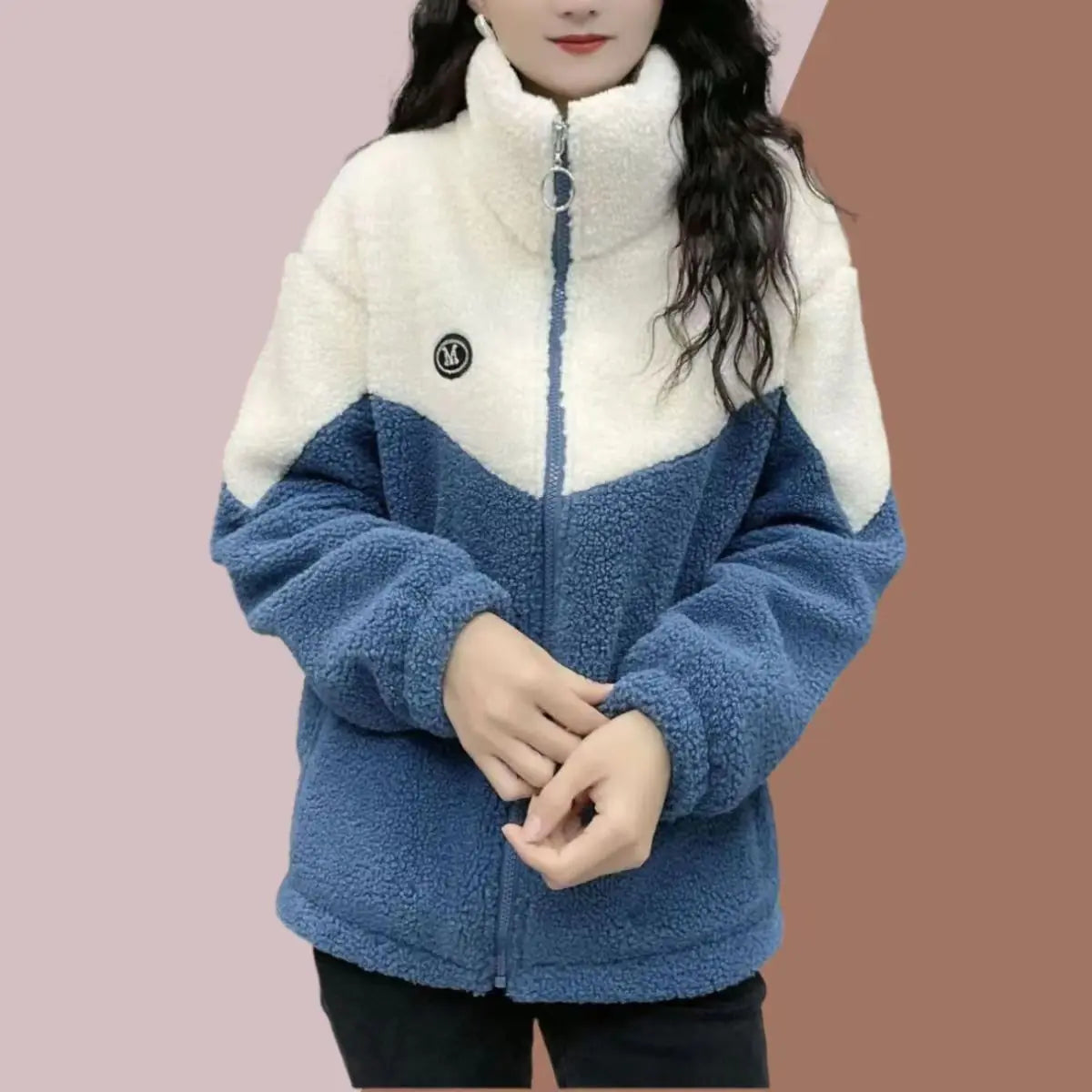 Women's Thick Color-Block Fleece Zip-Up Jacket for Winter - Image 3