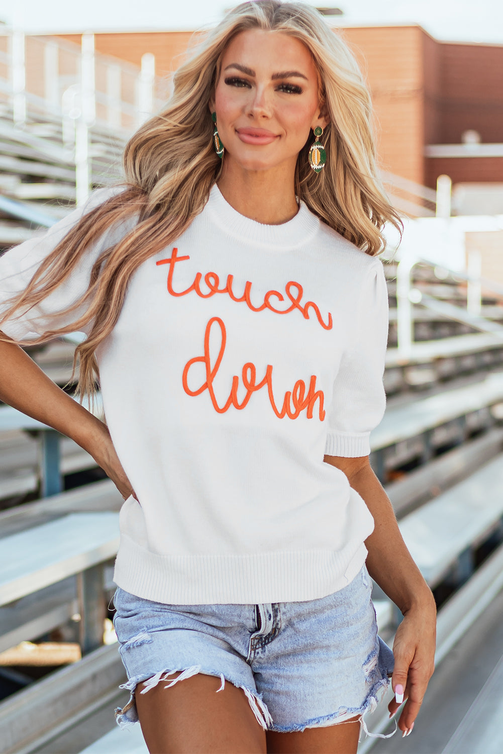 White Touchdown Tinsel Puff Sleeve Crewneck Sweater Football