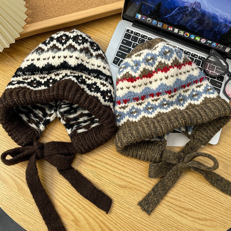Winter Vintage Wool Earflap Hat Nordic Pattern Warm Knit Cap - Image 4