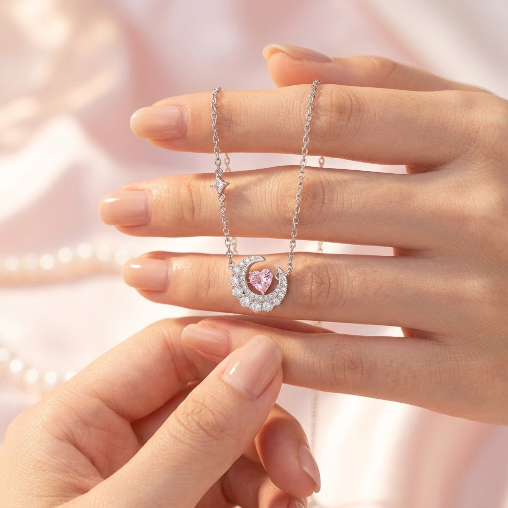 Phantom Dream Heart Moon Necklace with Zircon Inlay in Silver