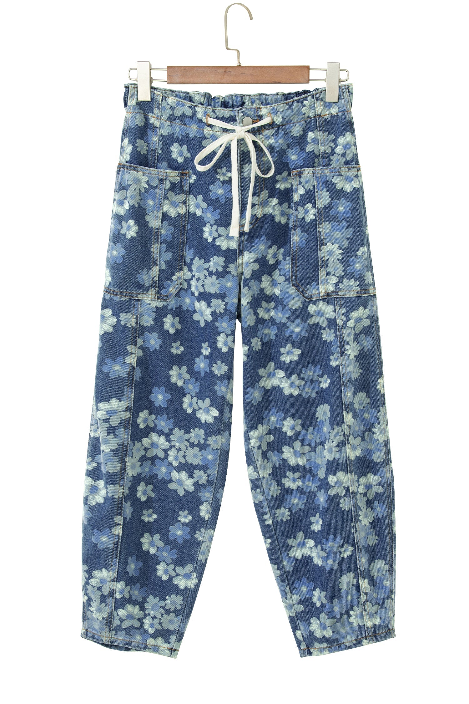 Sky Blue Dainty Floral Print Barrel Leg Drawstring Jeans