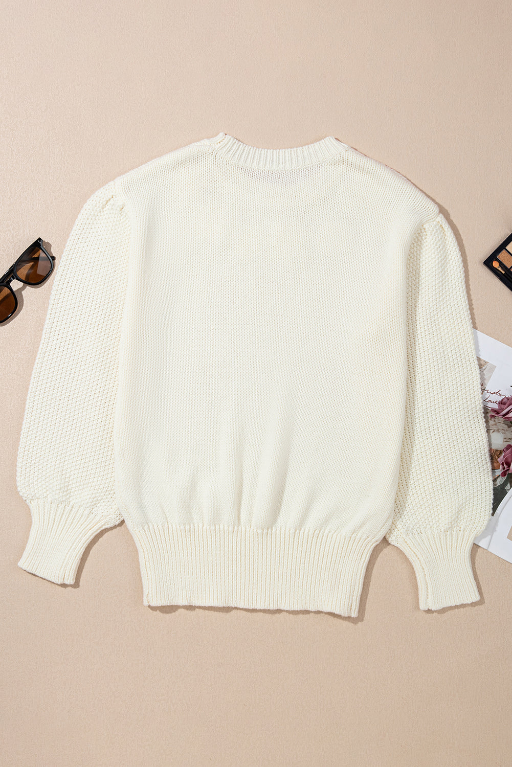 White Textured Puff Sleeve Sweater with Floral Applique Detail - Image 4