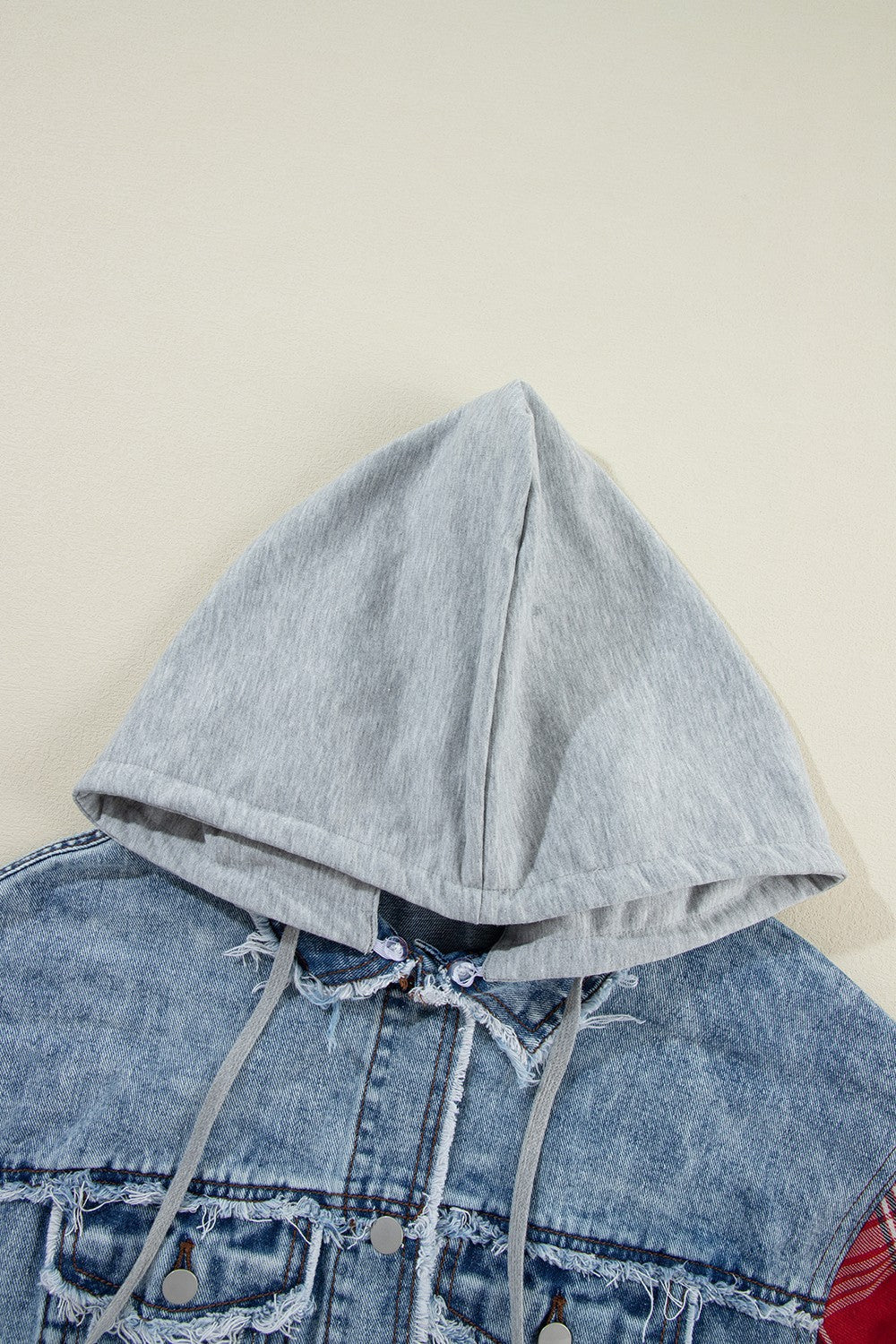 Women's Plaid Denim Hoodie Jacket with Raw Hem Details - Image 2