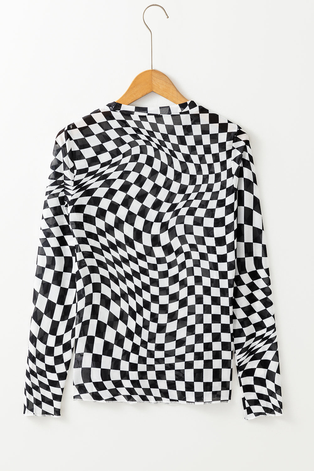 Checker Mesh Mock Neck Long Sleeve Top