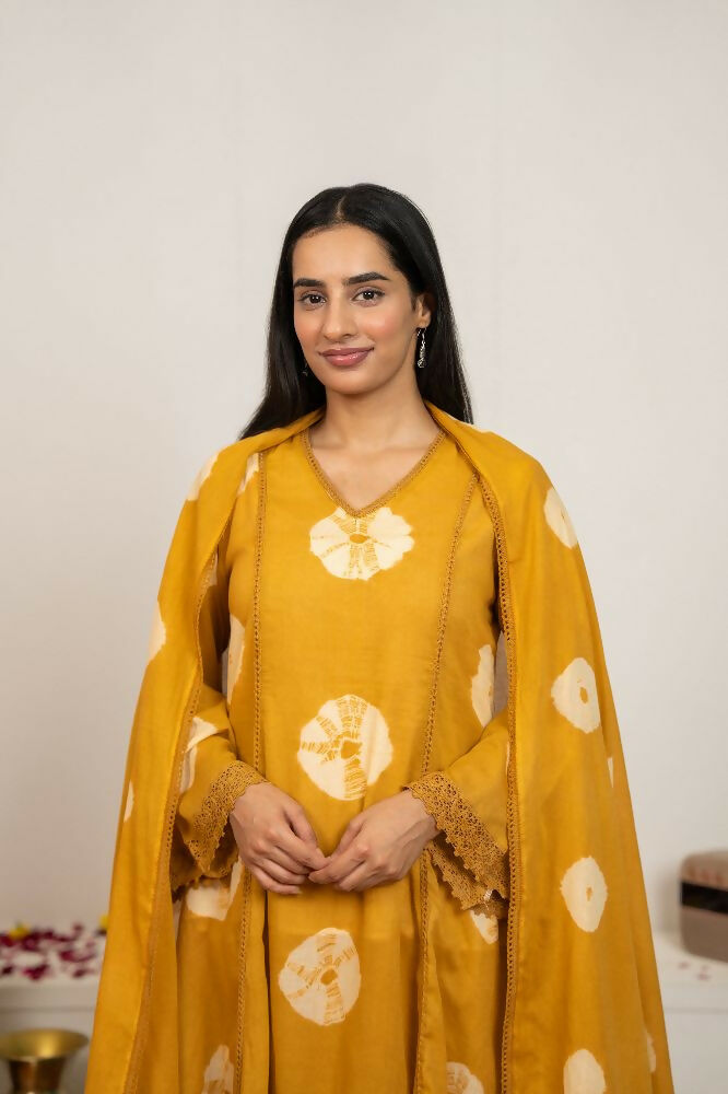 Mustard Yellow Tie & Dye Cotton Suit Set for Women