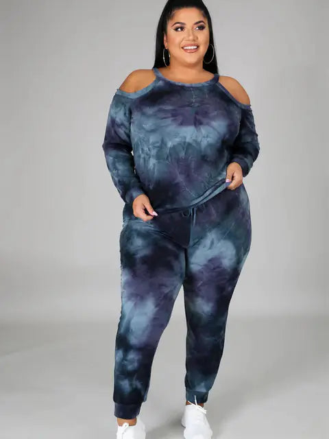 Women's Plus Size Off Shoulder Tie Dye Casual Suit