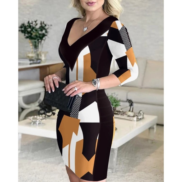 Geometric Print V-Neck A-Line Wrap Dress in Black and Ochre