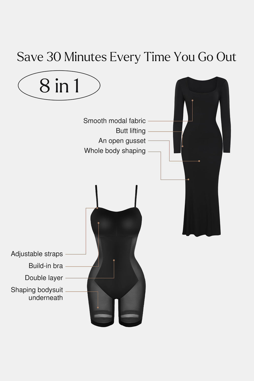 Caramel Square Neck Long Sleeve Maxi Dress with Built-In Shapewear