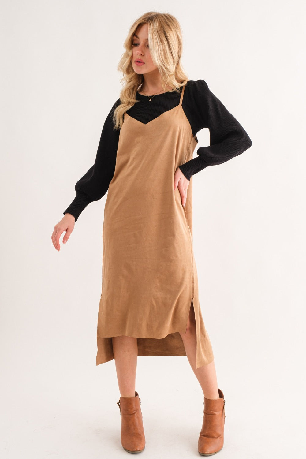 Tan Faux Suede Cami Midi Dress with Slit Detail