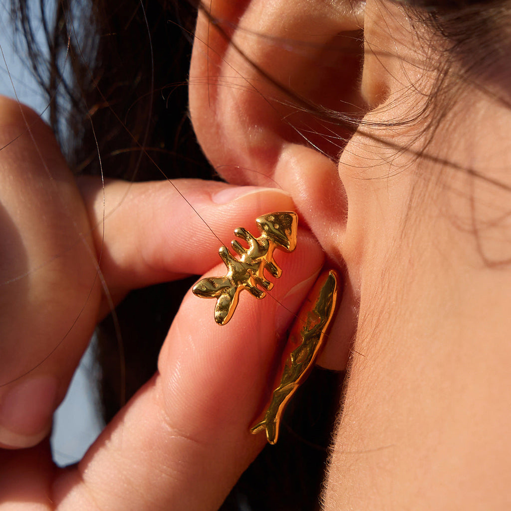 Gold Plated Fishbone Stud Earrings in Polished Stainless Steel