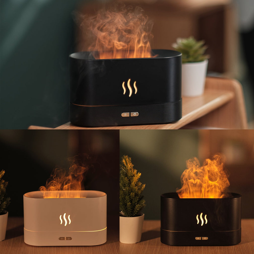 Modern minimalist aroma diffuser with realistic LED flame light effect in a living room setting