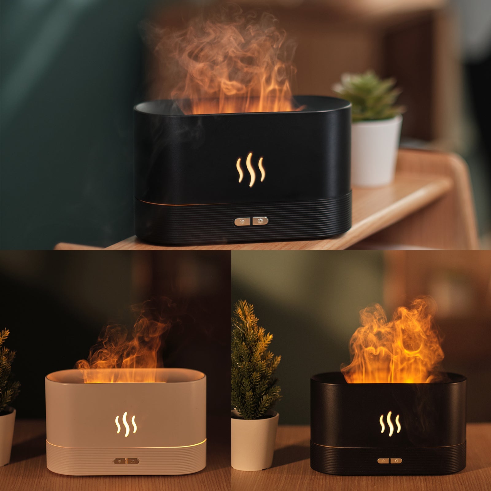 Modern minimalist aroma diffuser with realistic LED flame light effect in a living room setting