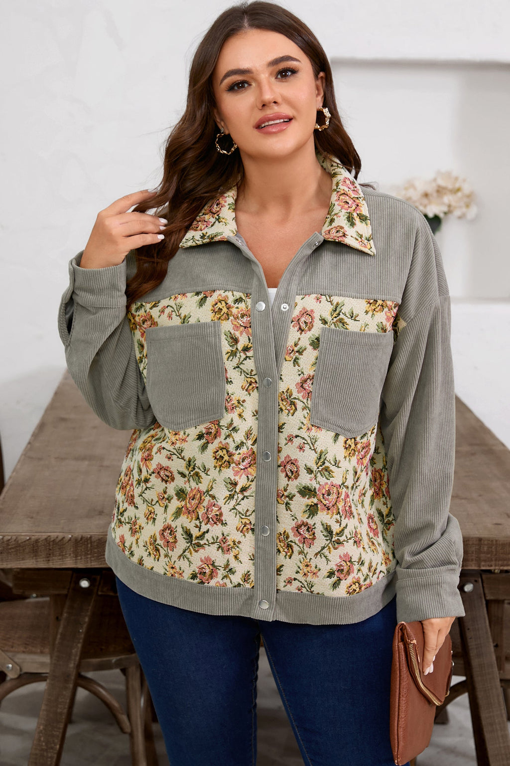 Plus Size Floral Patchwork Corduroy Pocketed Jacket