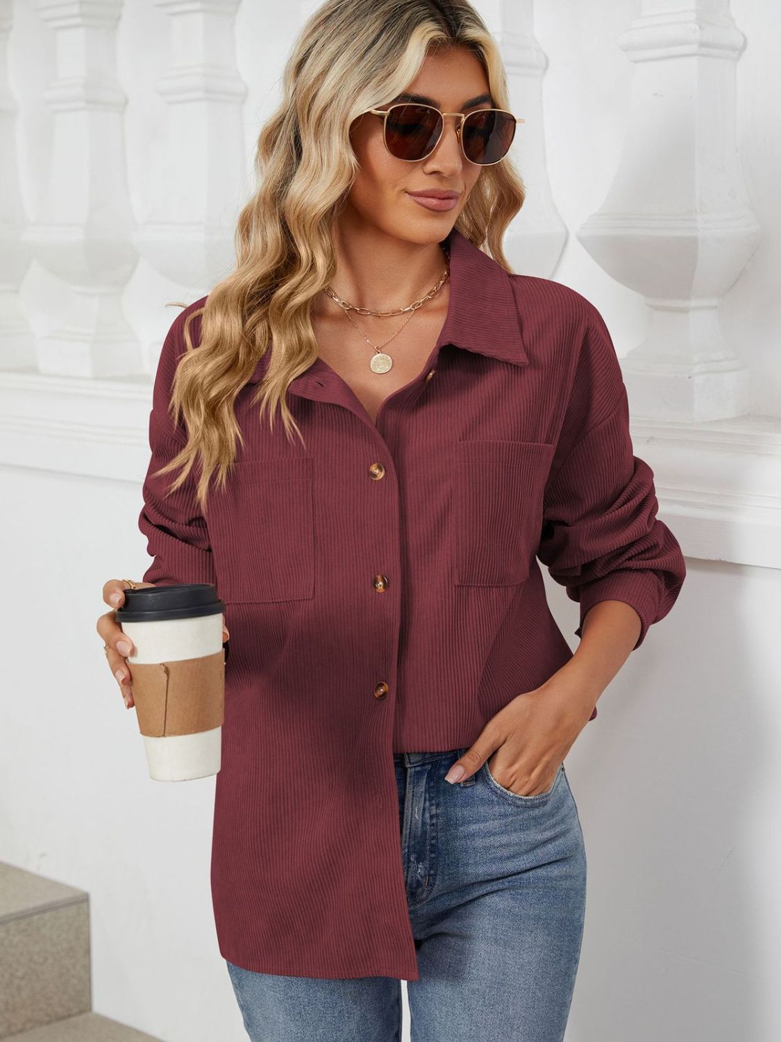 Rayon Button Up Dropped Shoulder Long Sleeve Shirt