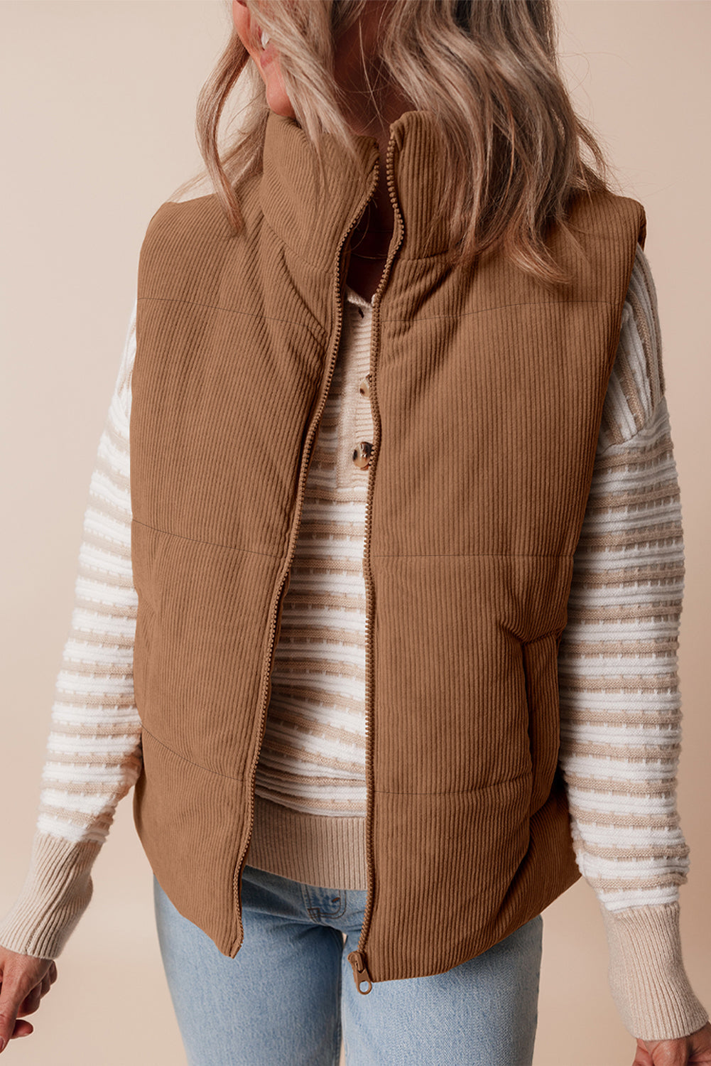 Women's Corduroy Stand Neck Zipped Puffer Vest Cropped Outerwear