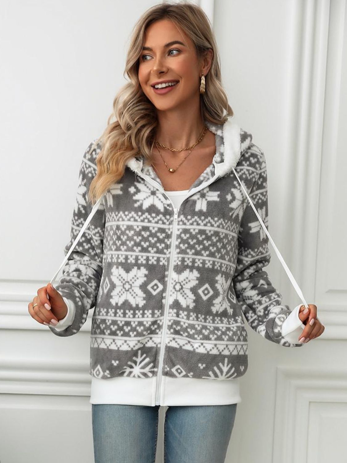 Drawstring Snowflake Zip Up Hooded Jacket | Polyester