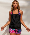 Women's hollow-out tankini swimsuit set in hot pink with matching swim shorts