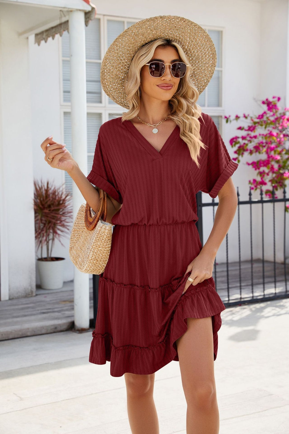 Tiered Mini Dress Short Sleeve Feminine Flowy Summer Casual Dress