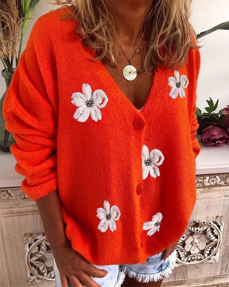 Women's V Neck Crochet Cardigan in Beige, Green, or Orange