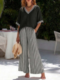 Women V-Neck Tunic Top and Wide Leg Striped Trouser Set - Image 6