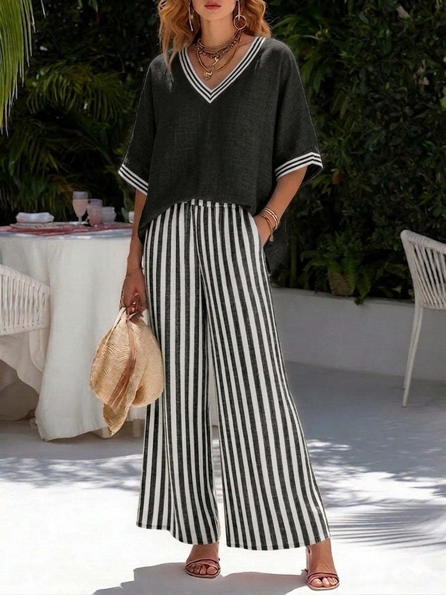 Women V-Neck Tunic Top and Wide Leg Striped Trouser Set - Image 6