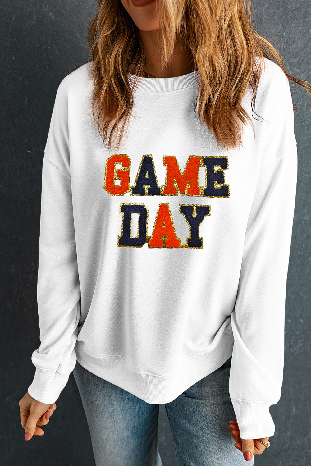 White Chenille GAME DAY Letter Terry Flocking Sweatshirt