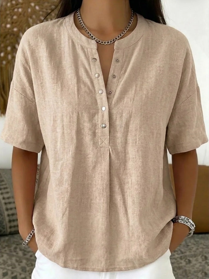 Women's Loose-Fit Short-Sleeve Henley Pullover Top - Image 9