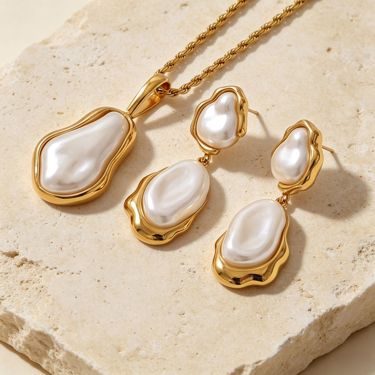 Women Irregular Faux Baroque Pearl 2Pcs Jewelry Set, Twisted Chain Necklace Double Drop Earrings PVD Gold Plated For Daily Wedding Gift