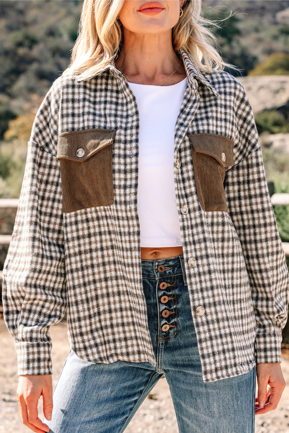 Plaid Corduroy Patchwork Pocketed Button-Up Shacket