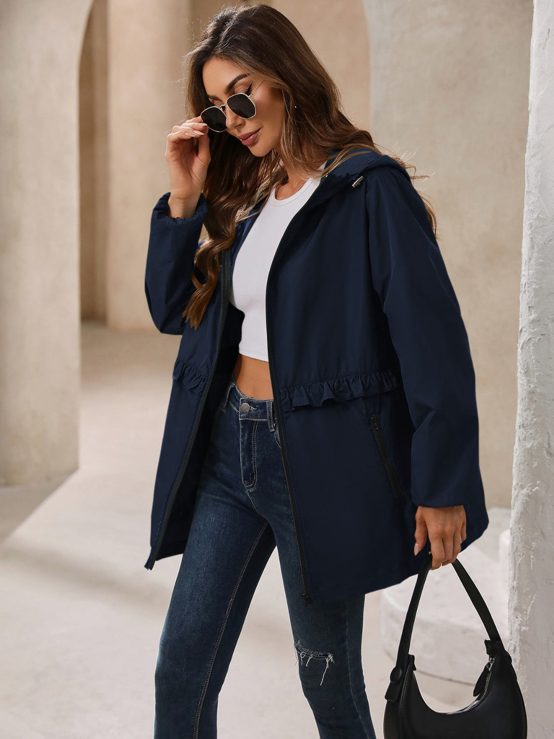 Women's Waterproof Hooded Windbreaker Jacket with Waist Detail - Image 2