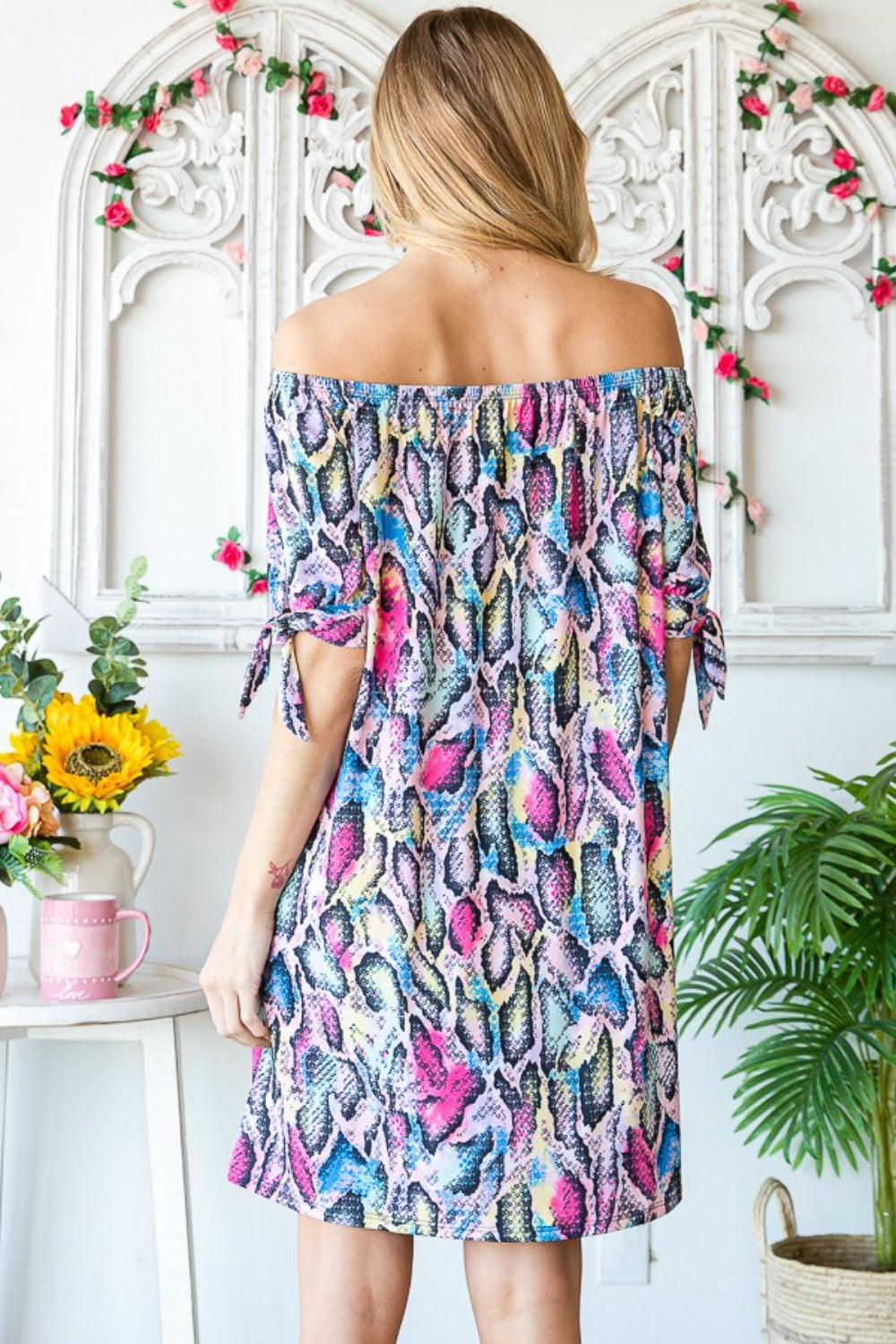 Off-Shoulder Snake Print Mini Dress