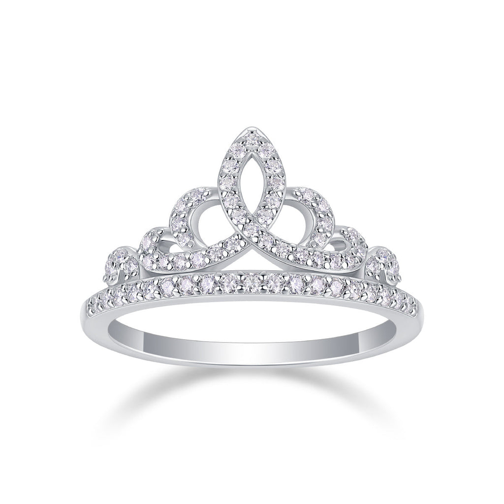 S925 Silver 1.9g Platinum Plated Moissanite Crown Ring, D VVS1 Pave Band, GRA Certified US 5-9