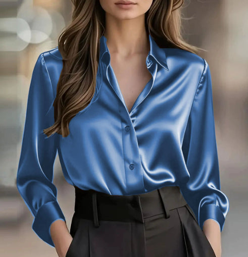 Women's Classic Satin Button Down Shirt Long Sleeve Lapel Blouse