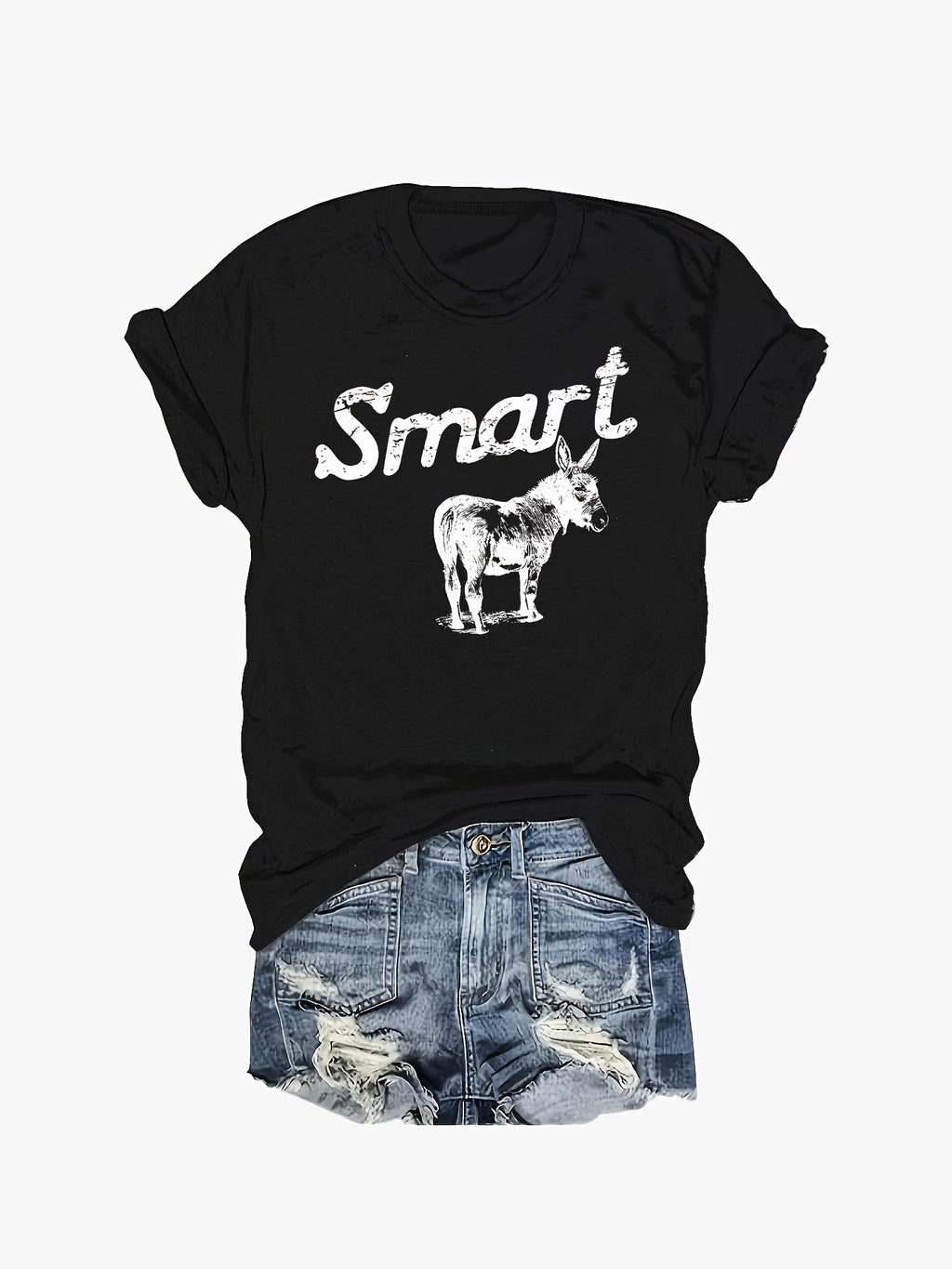 Women's Round Neck Short Sleeve T-Shirt Grey Donkey Graphic Tee