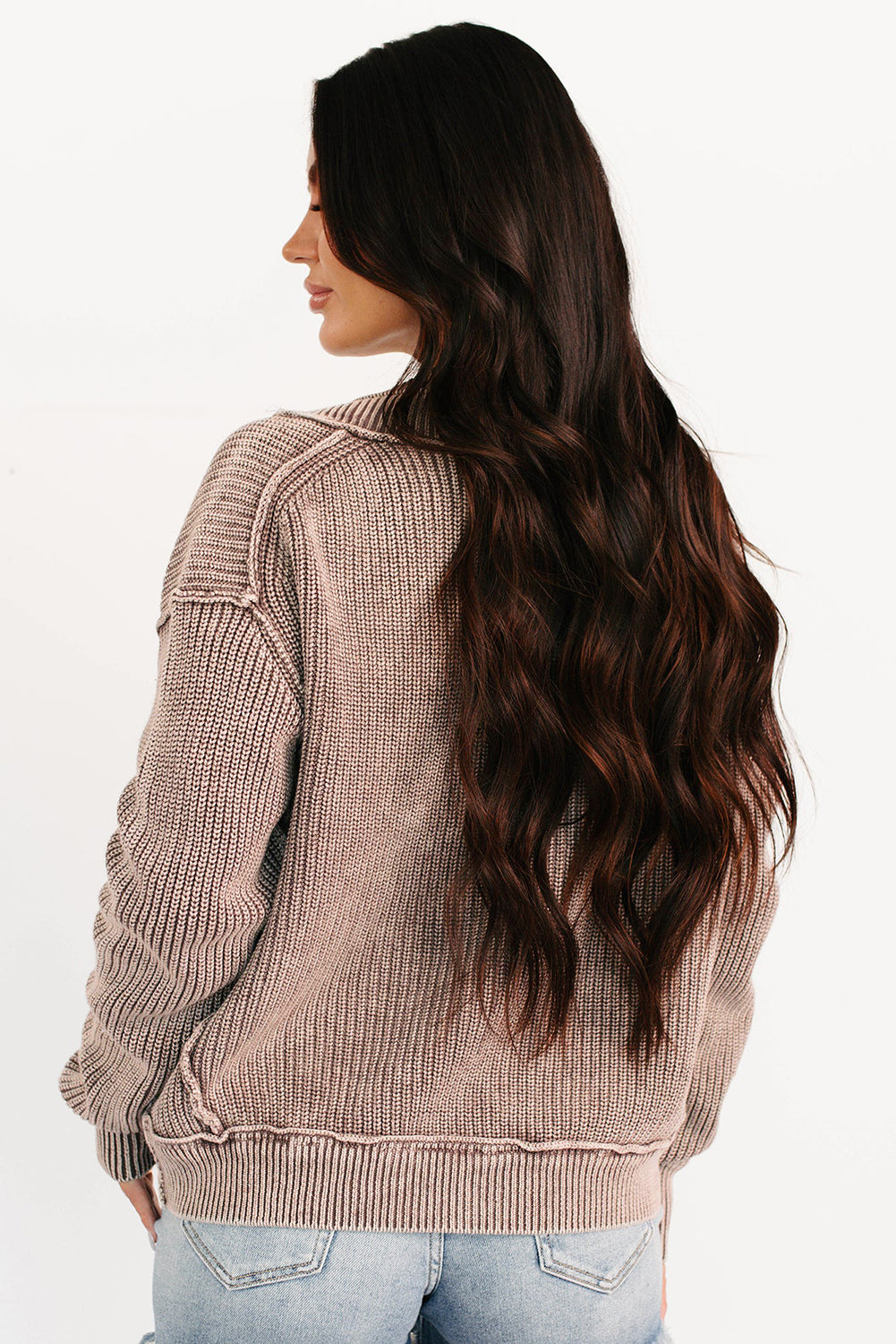 Chestnut Mineral Wash Exposed Seam Patchwork Knit Open Sweater Cardigan