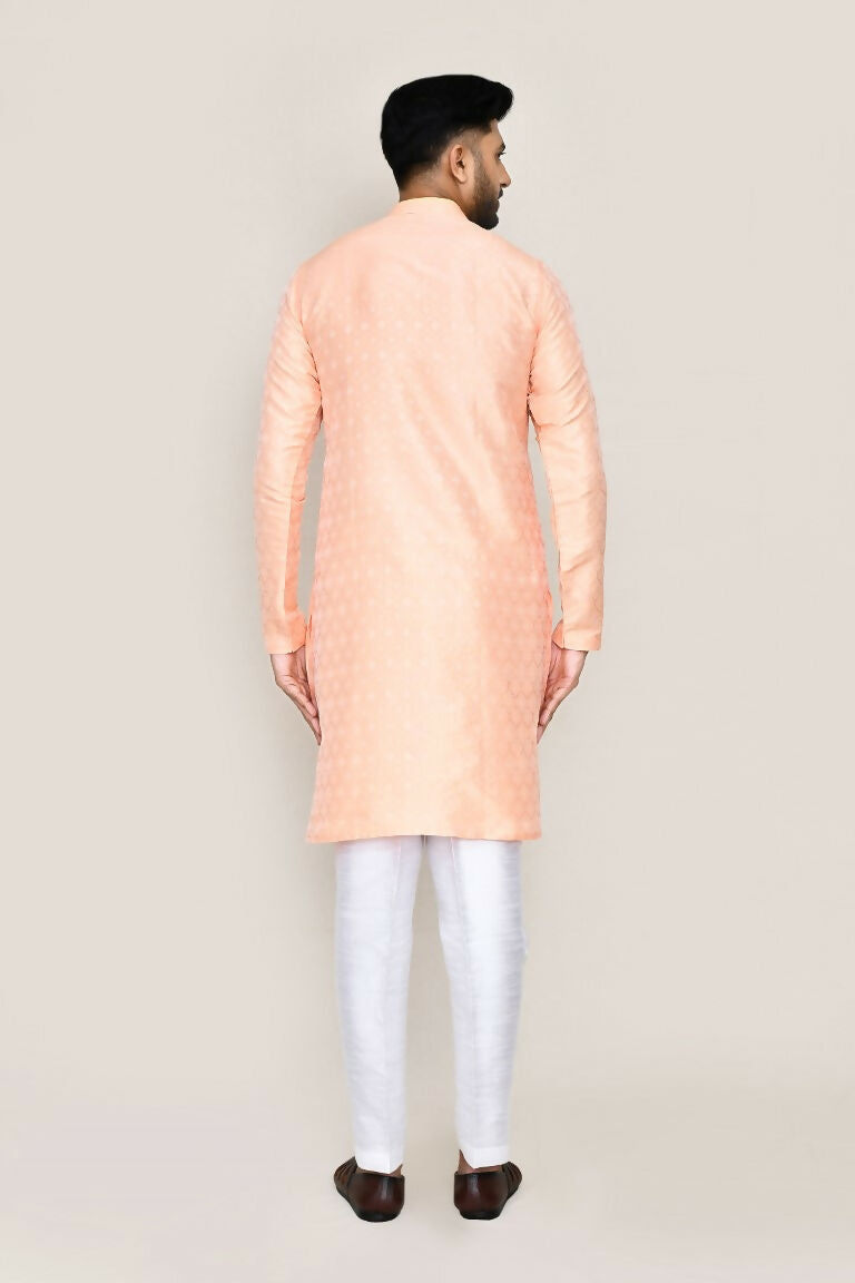 Peach Jacquard Silk Kurta Set with Straight Fit Pants