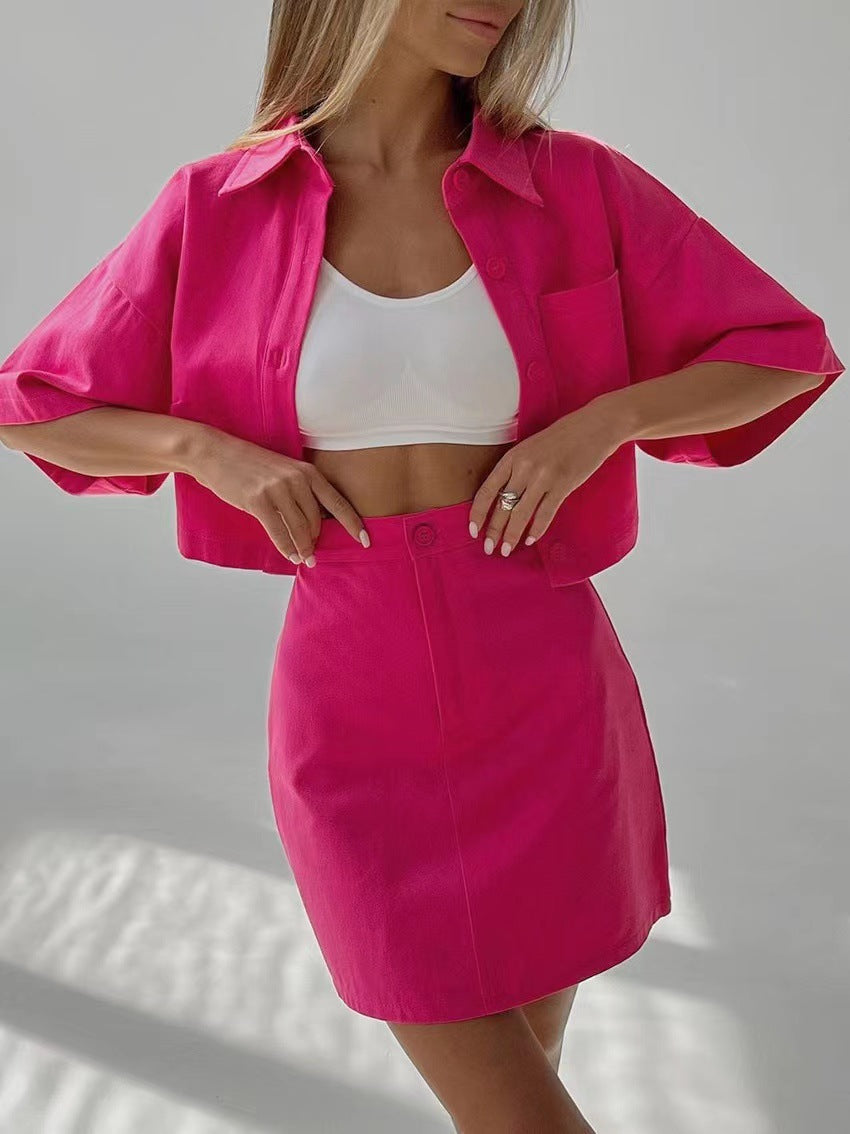 Women's Button Front Cropped Top and Matching Mini Skirt Set - Image 7