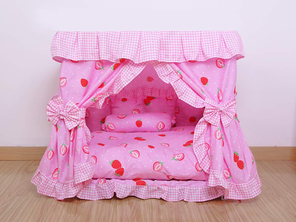 Kolachic Princess Pink Strawberry Pet Dog Cat Handmade Bed House+1 Candy Pillow Canopy (M)