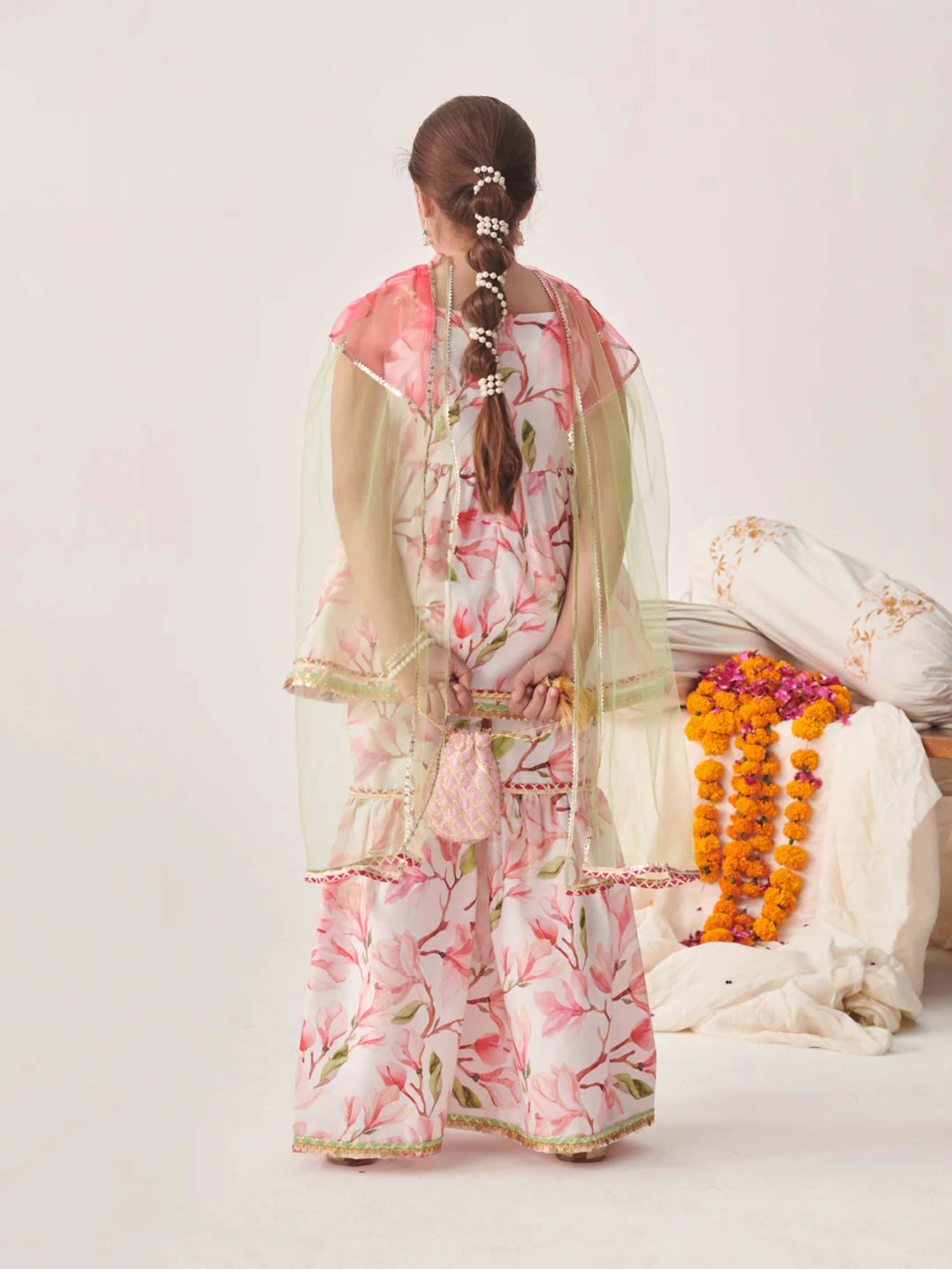 Girl's Multi Color Sharara Set in White Pink and Green